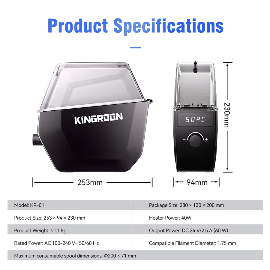 KINGROON KR-01 Filament-Trocknungsbox für 3D-Drucker, Schwarz, geeignet für PLA, PETG, TPU und ABS - Bild 6