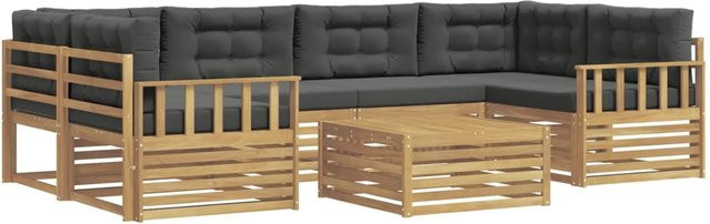vidaXL Outdoor-Sofagarnitur 7-teilig in L-Form aus Akazienholz mit Polstern in Weiß und Anthrazit - Bild 1
