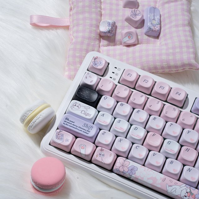 TROVANCO Tastenkappen Lila Katze MOA-Profil aus PBT mit fünfseitiger Sublimation für mechanische Tastaturen in Lila und Pink - Bild 1