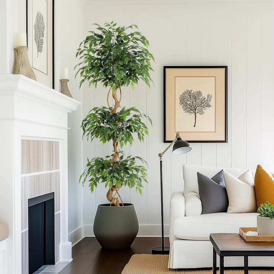 HiMISS Künstlicher Ficus-Baum mit gebogenen Stämmen und weißem Übertopf, Grün, Höhe: 120 cm - Bild 2