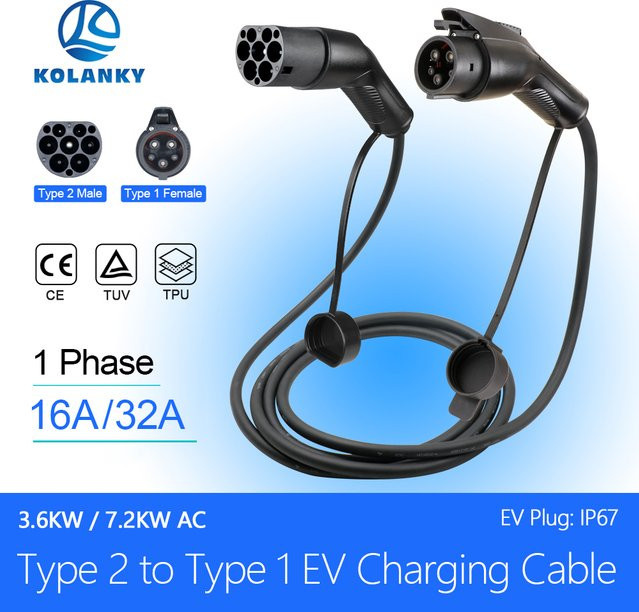 Kolanky EV-Ladekabel Typ2 auf Typ1 für Elektrofahrzeuge, 32A, 7,2 kW, Schwarz, Länge: 3,5 m - Bild 1