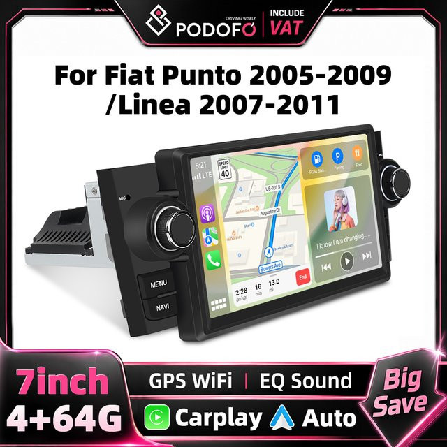 Podofo Carplay Android Auto Autoradio mit GPS und Bluetooth in Schwarz für FIAT Punto 2005-2009 und Linea 2007-2011 mit 4GB RAM und 64GB Speicher - Bild 1