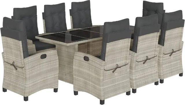 vidaXL 9-teilige Garten-Essgruppe aus Poly Rattan mit Kissen in Hellgrau und Anthrazit sowie Tisch mit Hartglasoberfläche - Bild 1