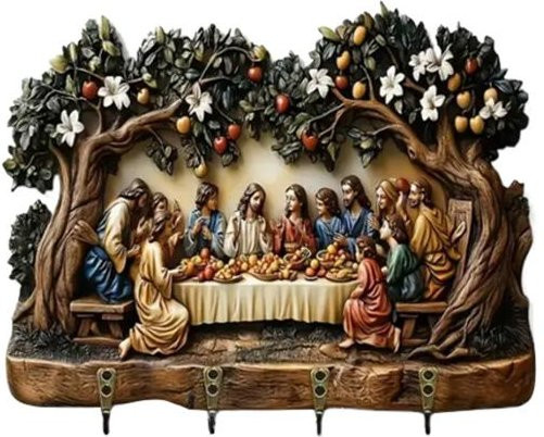 Wandmontierter Schlüsselhalter mit Jesus-Holzschnitzerei als dekorativer Schlüsselorganisator für Zuhause und Büro in Mehrfarbig - Bild 1