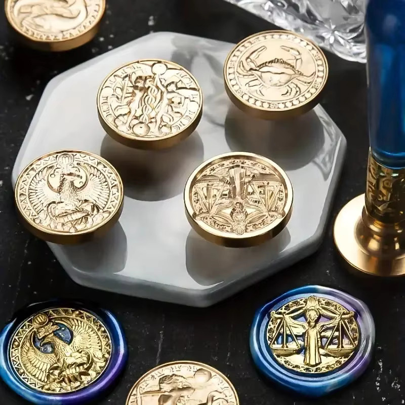Wachssiegelstempel 3D-Sternbild-Serie in Gold mit Holzgriff und Metallkopf zur Dekoration von Grußkarten und Geschenken, Durchmesser: 25 mm - Bild 1