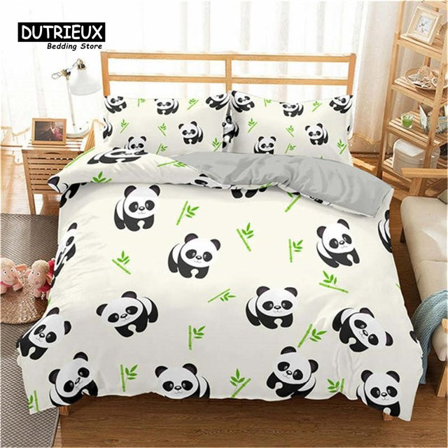 Wucifang Bags Bettwäsche-Set Panda Motiv für Kinder und Jugendliche, Einzelbett mit Bettbezug und Kissenbezügen, Farbe: Weiß, B/H: 135 x 200 cm - Bild 1