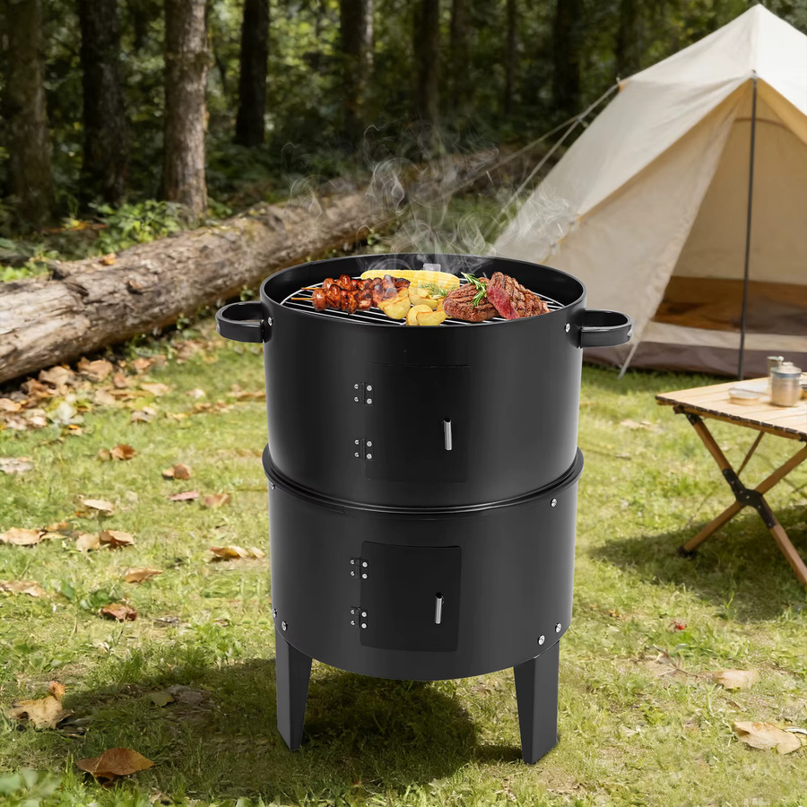 Bymaocar 3-in-1 Multifunktionaler BBQ Grill Smoker Holzkohlegrill in Schwarz für Outdoor-Kochen, Räuchern und Camping - Bild 2