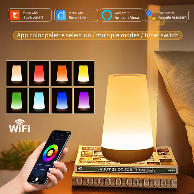 GGBEE Tuya WiFi Smart Tischlampe mit RGB-Farben, dimmbar und Touch-Steuerung, kompatibel mit Alexa und Google Assistant, Multicolor, Holz-Design - Bild 1