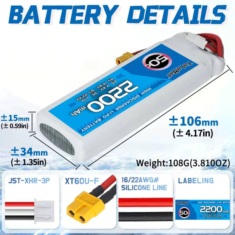 TalaBat 2S Lipo-Akku 7,4V 2200mAh 50C mit XT60, XT30 oder JST-Stecker für RC-Modelle, Drohnen und FPV - Bild 3