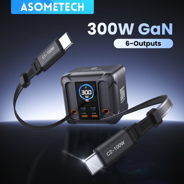 ASOMETECH 300W GaN-Ladegerät in Schwarz mit einziehbarem Typ-C-Kabel, 100W PPS PD 3.0 und digitaler Anzeige für iPhone, MacBook und Samsung - Bild 1