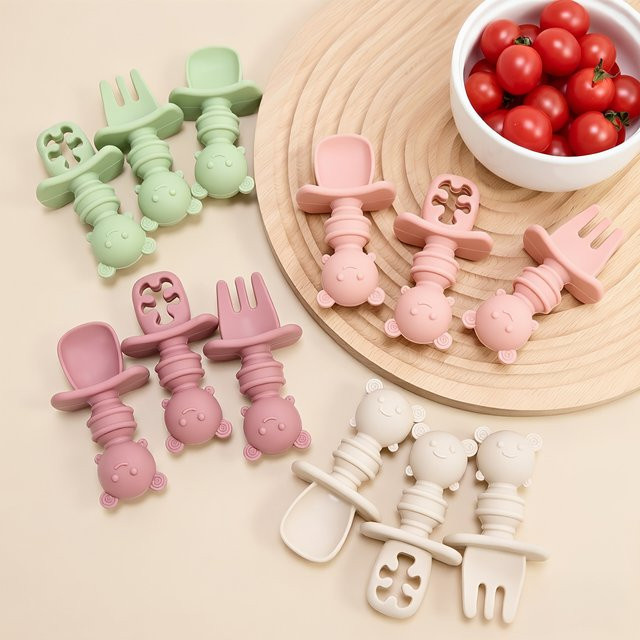 3-teiliges Besteckset mit kurzem Griff für Babys, Bienenlöffel und -gabel in Beige - Bild 1
