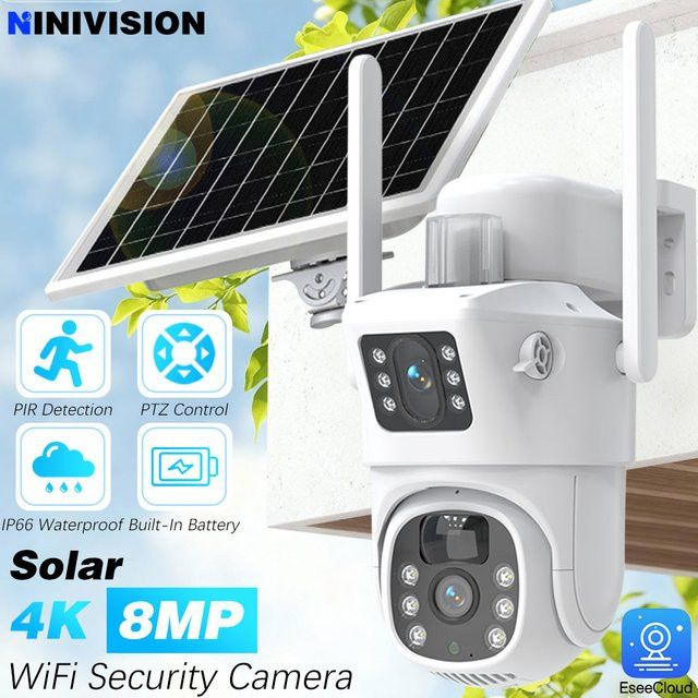 NINIVISION PTZ Sicherheitskamera mit Dual-Objektiv, 8MP 4K Auflösung, Solar-Betrieb und PIR-Personenerkennung, Dual-Band WiFi 5G & 2,4 GHz, Weiß - Bild 1