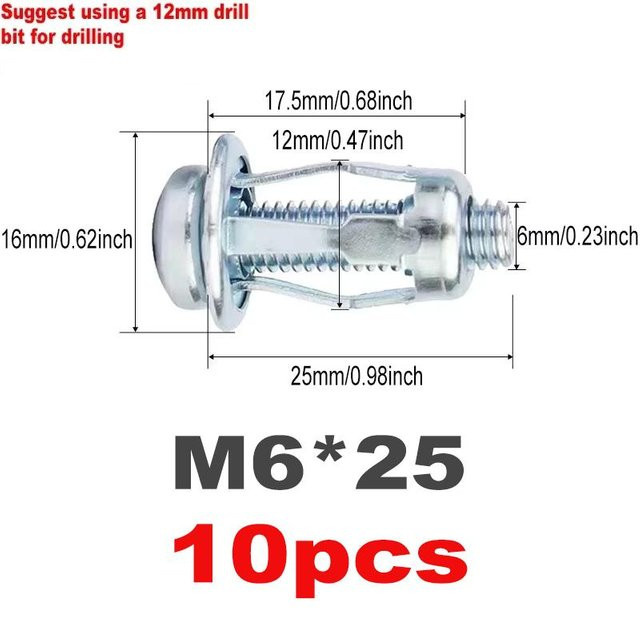 YWZT Tool Blütenkopf-Spreizdübel aus verzinktem Stahl, Farbe: Silber, Durchmesser: 6 mm, Länge: 25 mm, 10 Stück - Bild 1