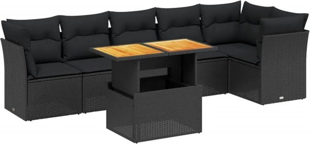 vidaXL 7-teilige Garten-Sofagarnitur in L-Form aus Polyrattan und Akazienholz mit Kissen, Schwarz - Bild 1