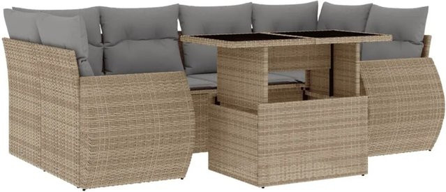 vidaXL 7-tlg. Garten-Sofagarnitur in L-Form mit Kissen und Couchtisch, Beige/Grau, Poly-Rattan mit Metallgestell - Bild 1