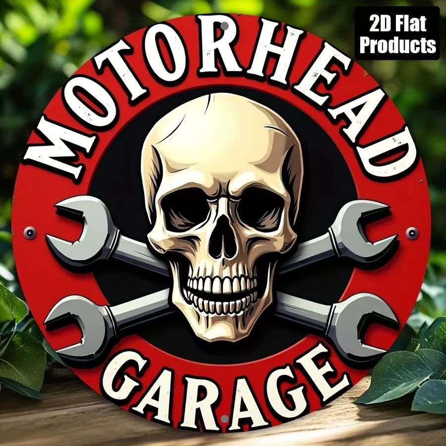 Rundes Wandschild Potdemiel im Vintage-Stil mit Motorrad-Schädel-Motiv aus Aluminium und Metall - Bild 4