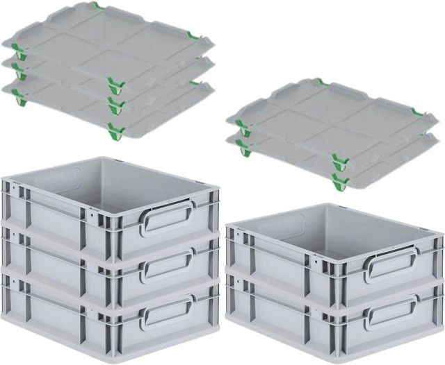 PROREGAL SparSet 5x Eurobox NextGen Grip mit Auflagedeckel und grünen Schiebeschnappverschlüssen, Grau, H x B x T: 12 x 30 x 40 cm - Bild 1