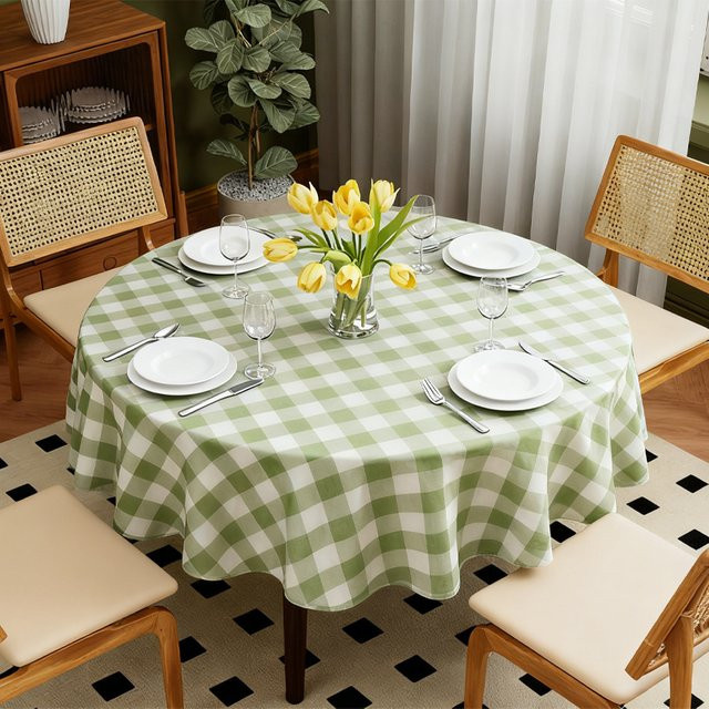 Runde karierte Tischdecke aus Leinen von Hptmus in Grün und Weiß - Bild 1