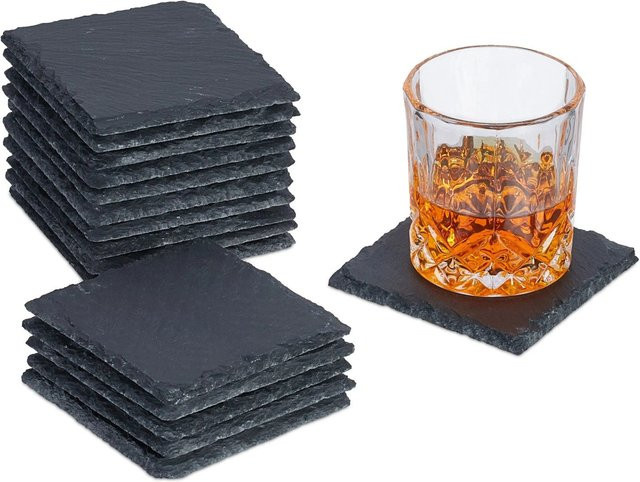 Relaxdays 16er Set Glasuntersetzer aus Schiefer in Anthrazit, rutschfest, B/T/H: 10 x 10 x 1 cm - Bild 1