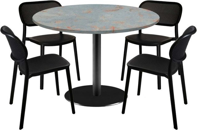 RestooTab Esstisch-Set Rome XL mit 4 Stühlen, runder Esstisch in Dekor Stein Grau mit schwarzem Metallgestell, B/T/H: 120 x 120 x 75 cm - Bild 1