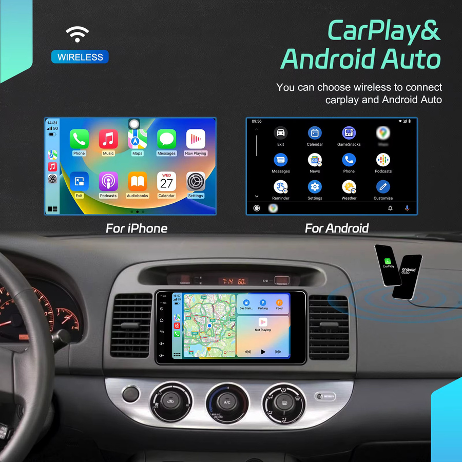 Podofo Android Autoradio mit 7 Zoll Display, 6GB RAM und 128GB Speicher für Toyota Corolla, RAV4, Hilux und Land Cruiser 100, inklusive GPS, WiFi, Bluetooth, CarPlay und Android Auto, Farbe: Schwarz - Bild 3