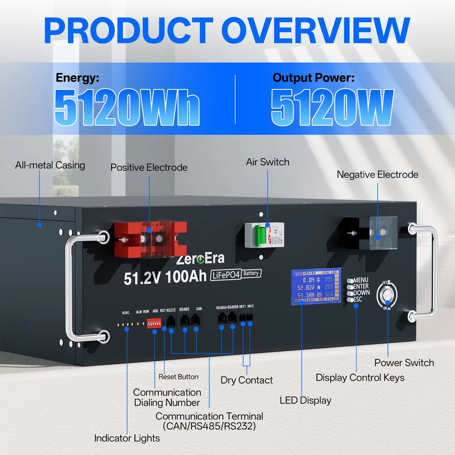ZeroEra LiFePO4 Batterie 48V 100Ah 5,12 kWh Rackmontierbare Solar-Lithium-Batterie in Schwarz mit 100A BMS und RS485 RS232 CAN Kommunikationsanschluss - Bild 4