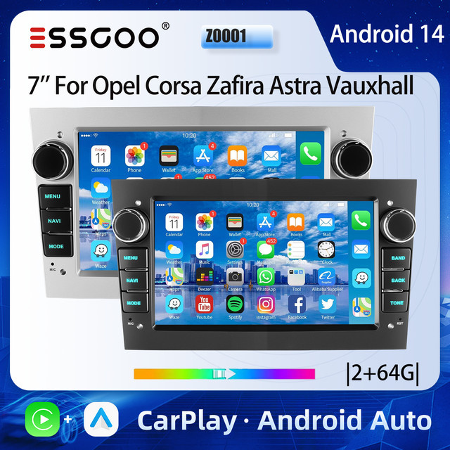 ESSGOO Android 14 Autoradio mit 7 Zoll Touchscreen für Opel Vauxhall Corsa C/D Antara Astra Zafira Vivara inklusive Carplay, Android Auto, Bluetooth und Wifi in Schwarz/Silber - Bild 1