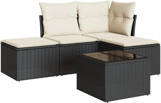 vidaXL 5-teilige Garten-Sofagarnitur in L-Form aus Poly-Rattan mit Kissen in Schwarz-Creme - Bild 1