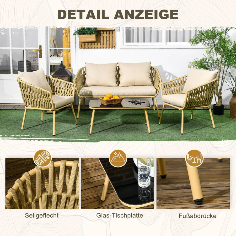 Outsunny Sitzgruppe für Garten und Terrasse mit 2er Sofa, Lounge-Sessel und Couchtisch, Beige, B/H/L: 66 x 130 x 72 cm - Bild 2