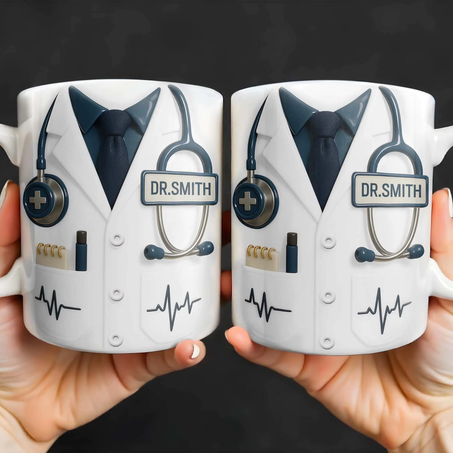 Personalisierte Kaffeetasse mit 3D-Stethoskop und Herzschlagmuster von Light Magic in Weiß aus Keramik - Bild 5