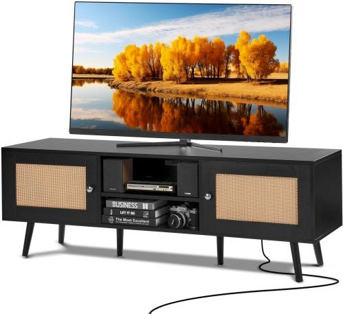 VEVOR TV Stand für bis zu 65 Zoll Fernseher im Boho Design mit Rattan-Türen und integrierten Steckdosen sowie USB-Ports, Entertainment Center in Schwarz - Bild 1