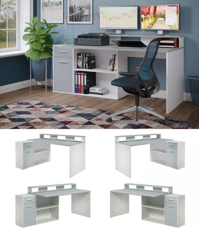 Eckschreibtisch Sektor in Weiß und Grau, moderner Schreibtisch aus MDF und Metall, Breite: 160 cm, Tiefe: 92 cm - Bild 5