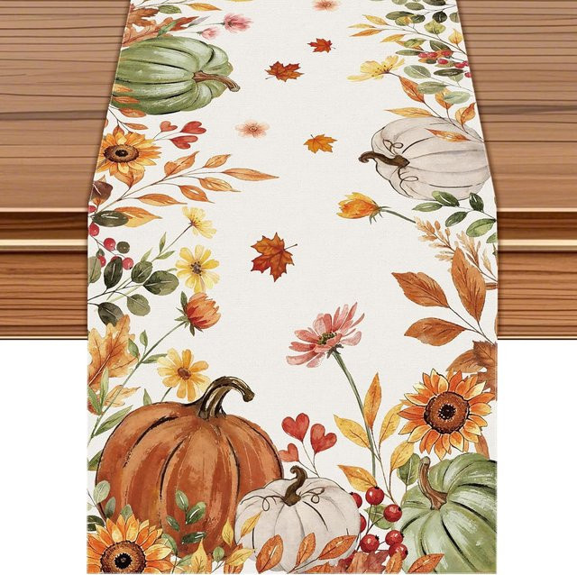 JMG Household Supplies Tischläufer aus Leinen mit herbstlichem Blumenmuster und Kürbis-Motiv, Mehrfarbig, B: 150 cm, T: 33 cm - Bild 1