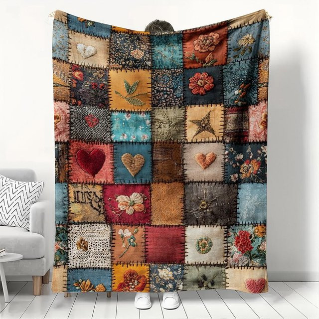 JMG Household Supplies Vintage Patchwork Flanelldecke mit Boho Blumen- und Herzmuster in Multicolour, B/B: 150 x 200 cm - Bild 1