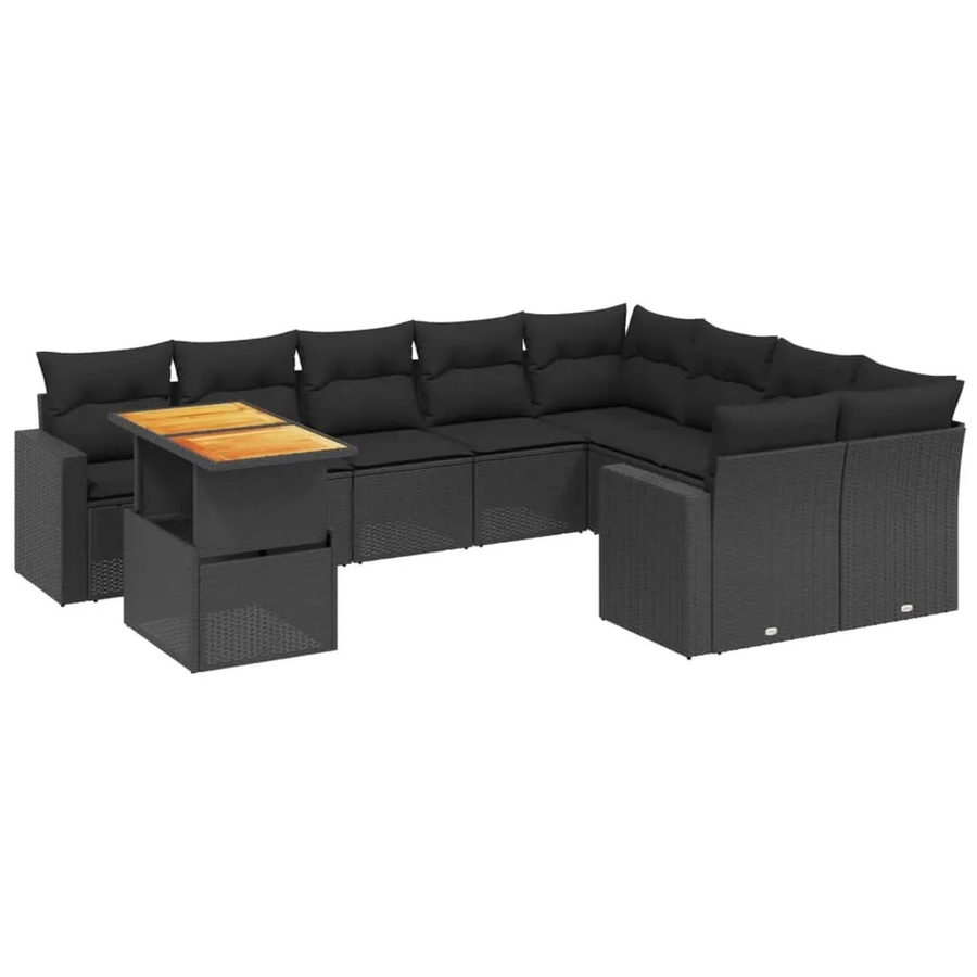 vidaXL 10-tlg. Garten-Sofagarnitur in L-Form aus Polyrattan und Akazienholz mit Kissen, Schwarz - Bild 2