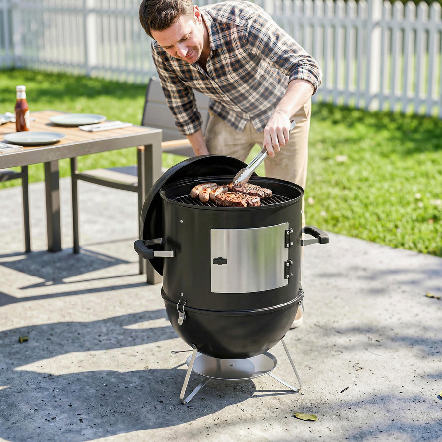 Outsunny 3-in-1 Holzkohlegrill mit Räucherfunktion und 3 Grillrosten, Ø 44 cm, Schwarz - Bild 2