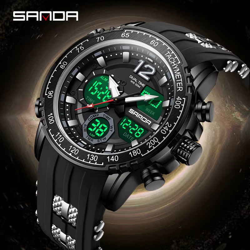 SANDA Armbanduhr, Digitaluhr, Quarz, Kautschuk, Schwarz, Herren - Bild 2