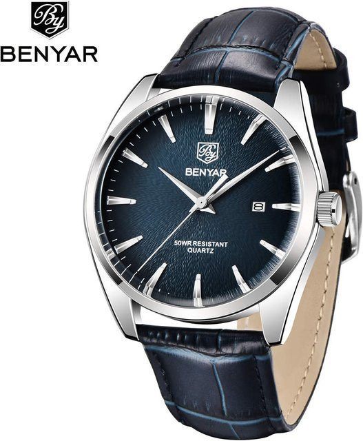 BENYAR Armbanduhr, Quarz, Edelstahl, Leder, Silber, Herren - Bild 1