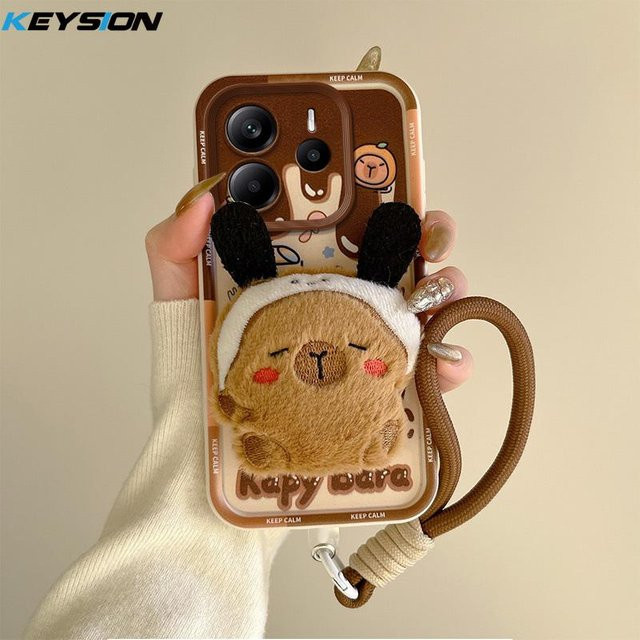 KEYSION Niedliche 3D Cartoon Plüschhülle für Redmi Note 14 Pro+ 5G, Redmi Note 14 4G/5G, Silikon Handyhülle mit Lanyard, Braun - Bild 1