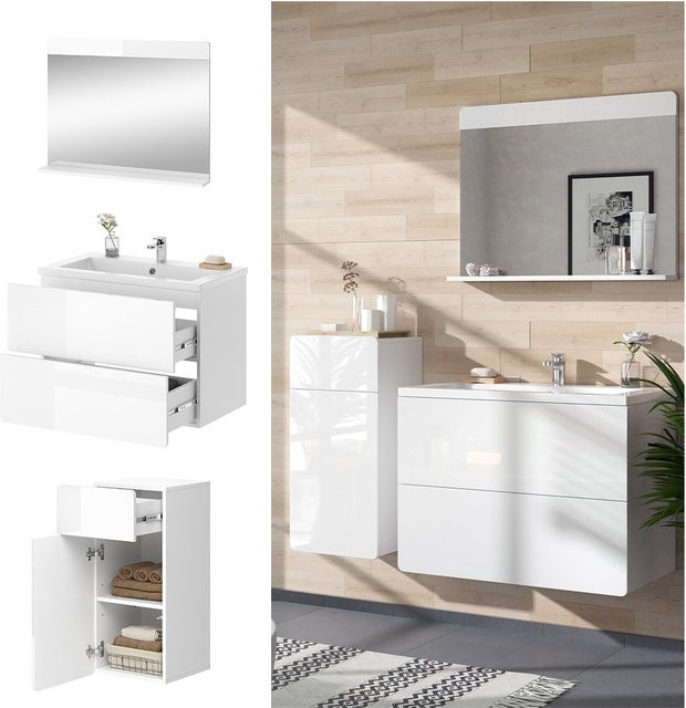 Vicco Badmöbel-Set Izan in Weiß Hochglanz, modernes 4-teiliges Set bestehend aus Waschtischunterschrank, Waschbecken, Badspiegel und Midischrank - Bild 1