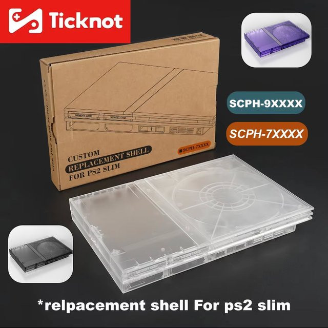 TICKNOT Ersatzgehäuse für PlayStation 2 Slim SCPH-7XXXX/SCPH-9XXXX in Weiß und Transparent im Retro-Design - Bild 1
