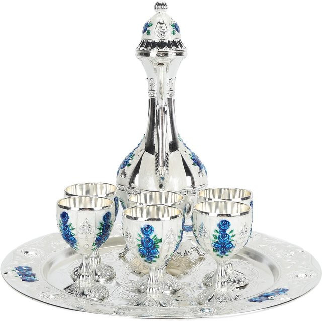 Exquisites Weinglas und Kanne Set aus rostfreiem Metall in Silber und Bunt mit floralem Dekor - Bild 1