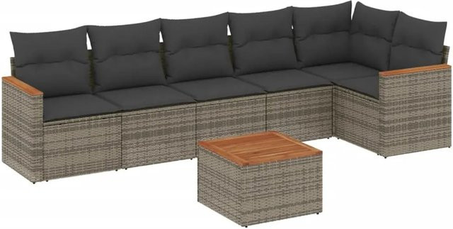 vidaXL 7-teilige Garten-Sofagarnitur in L-Form aus grauem Poly-Rattan mit Kissen und pulverbeschichtetem Stahlgestell - Bild 1