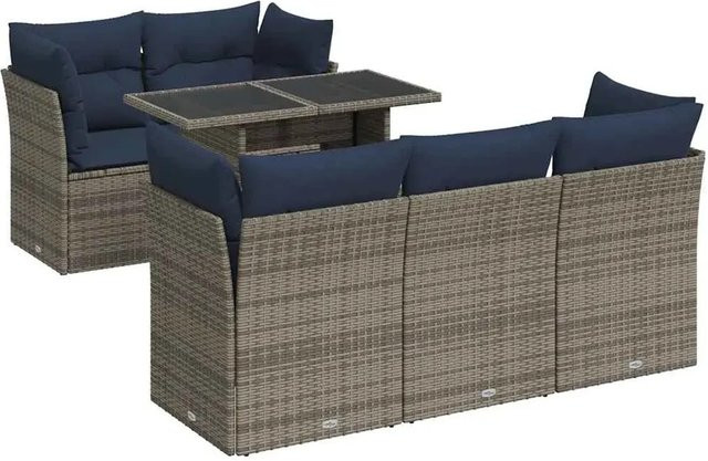 vidaXL 6-teilige Garten-Sofagarnitur in L-Form aus Polyrattan und Akazie mit Tisch und Kissen in Grau - Bild 1