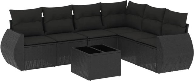 vidaXL 7-teilige Garten-Sofagarnitur in L-Form aus schwarzem Poly-Rattan mit Kissen und pulverbeschichtetem Stahlgestell - Bild 1