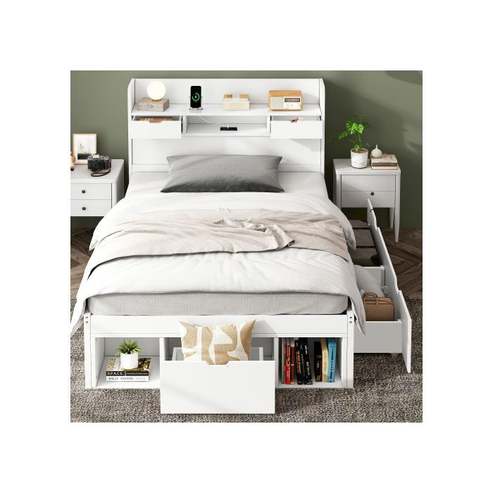 Einzelbett MUVOE aus Massivholz mit USB-Anschluss und Schubladen, Weiß, B/T/H: 90 x 200 cm - Bild 2