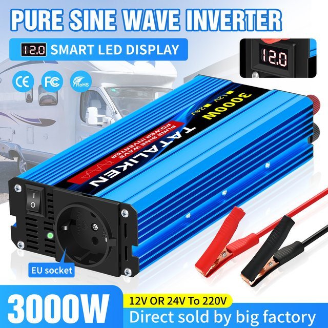 TATALIKEN Sinus-Wechselrichter 3000 W, 12 V auf 230 V / 240 V Auto-Konverter-Adapter mit EU-Steckdosen und Lüfter, Blau - Bild 1