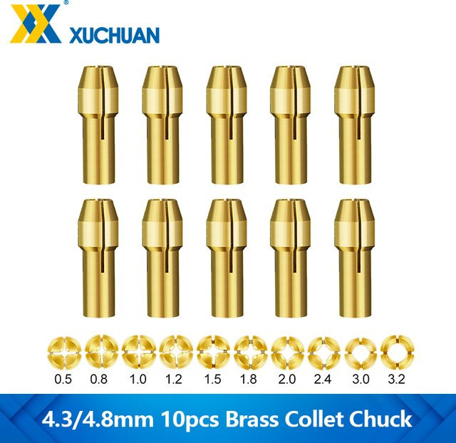 xcan 10 Stück Mini-Bohrer-Spannzangenfutter Set aus Messing in Gold, 0,5–3,2 mm Aufnahme, Schaft: 4,3 mm und 4,8 mm, Adapter für Dremel-Drehwerkzeuge und Elektrowerkzeug-Zubehör - Bild 1