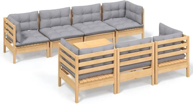vidaXL 8-teiliges Garten-Lounge-Set aus massivem Kiefernholz mit grauen Polstern - Bild 1