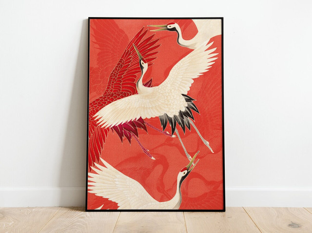 SHENCHEN Japanisches Vintage-Poster mit Kranich-Vogel-Illustration als Kunstdruck aus Papier in Rot - Bild 1